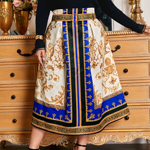 

Plus Baroque Print O-ring Front Skirt, Multicolor