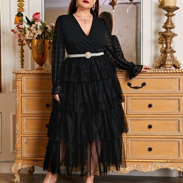

Plus Surplice Neck Flounce Sleeve Layered Mesh Hem Maxi Dress Without Belt, Black