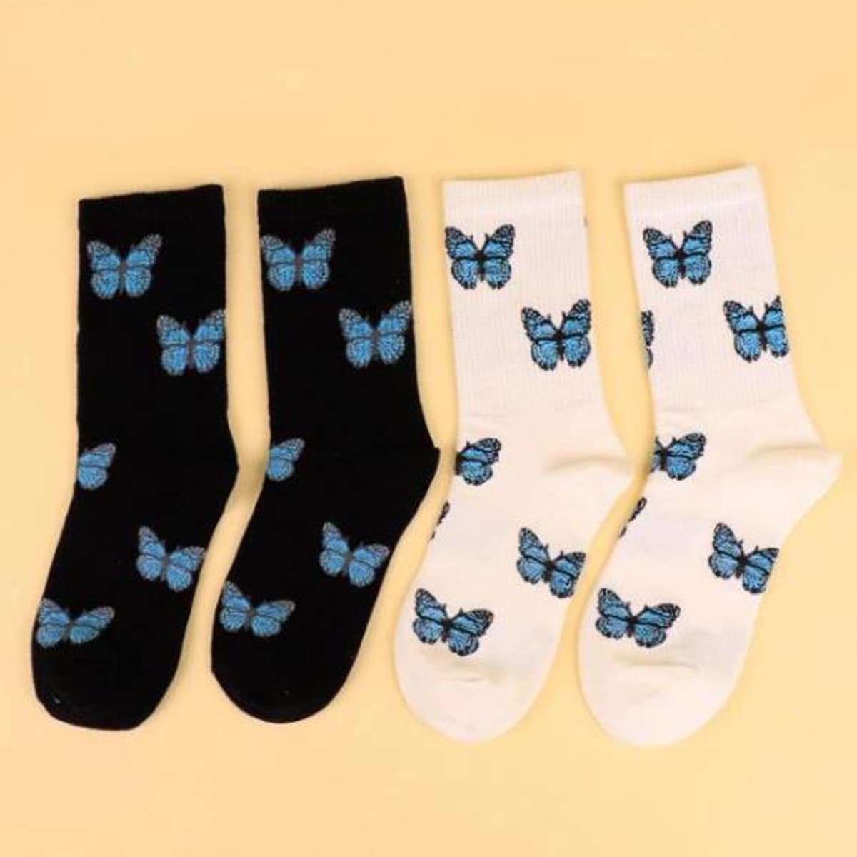 

2pairs Butterfly Print Socks, Black and white