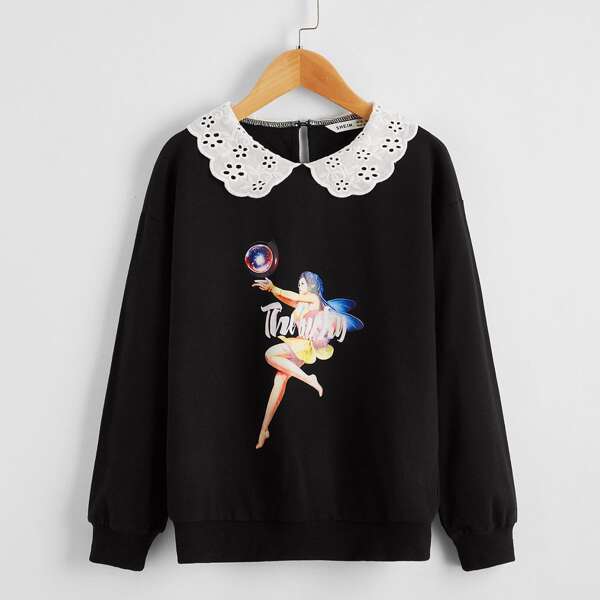

Girls Eyelet Embroidered Collar Figure & Letter Graphic Pullover, Black