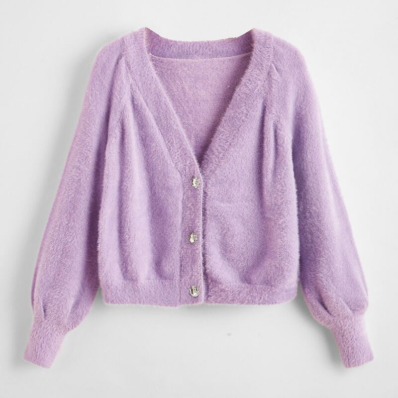 

Fluffy Knit Button Front Raglan Sleeve Cardigan, Lilac purple