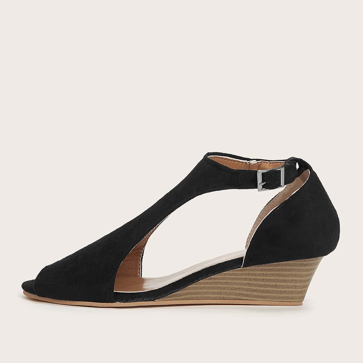

Peep Toe Ankle Strap Wedges, Black