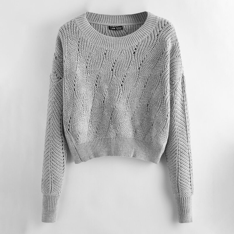 

Drop Shoulder Pointelle Knit Crop Sweater, Grey