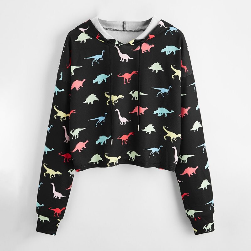 

Cartoon Dinosaur Print Drawstring Hoodie, Black