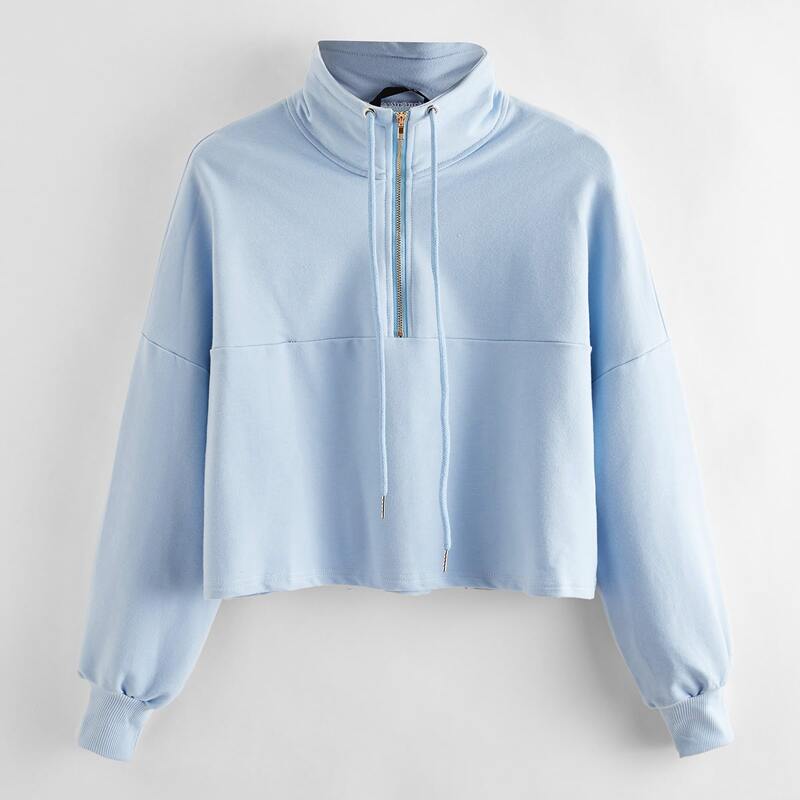 

Drop Shoulder Zip Half Placket Drawstring Hoodie, Pastel baby blue