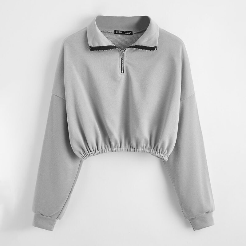 

Zipper Half Placket Crop Sweatshirt, Grey