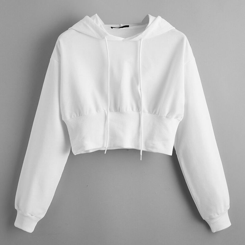 

Solid Drawstring Crop Hoodie, White