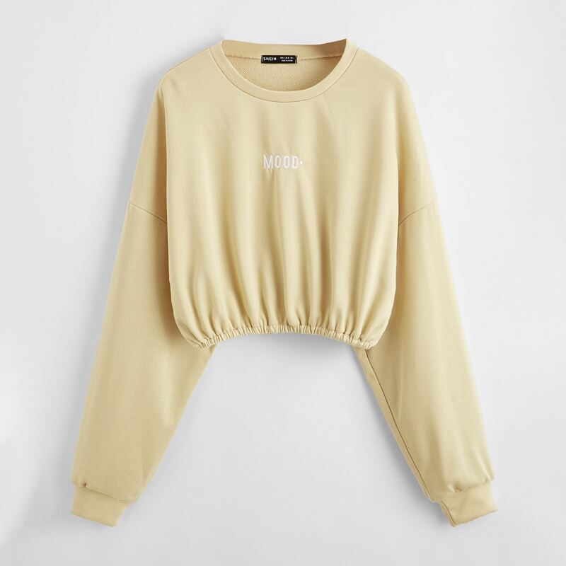 

Drop Shoulder Embroidered Letter Pullover, Khaki