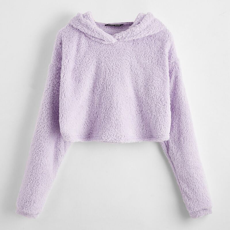 

Drop Shoulder Teddy Crop Hoodie, Pastel lilac purple