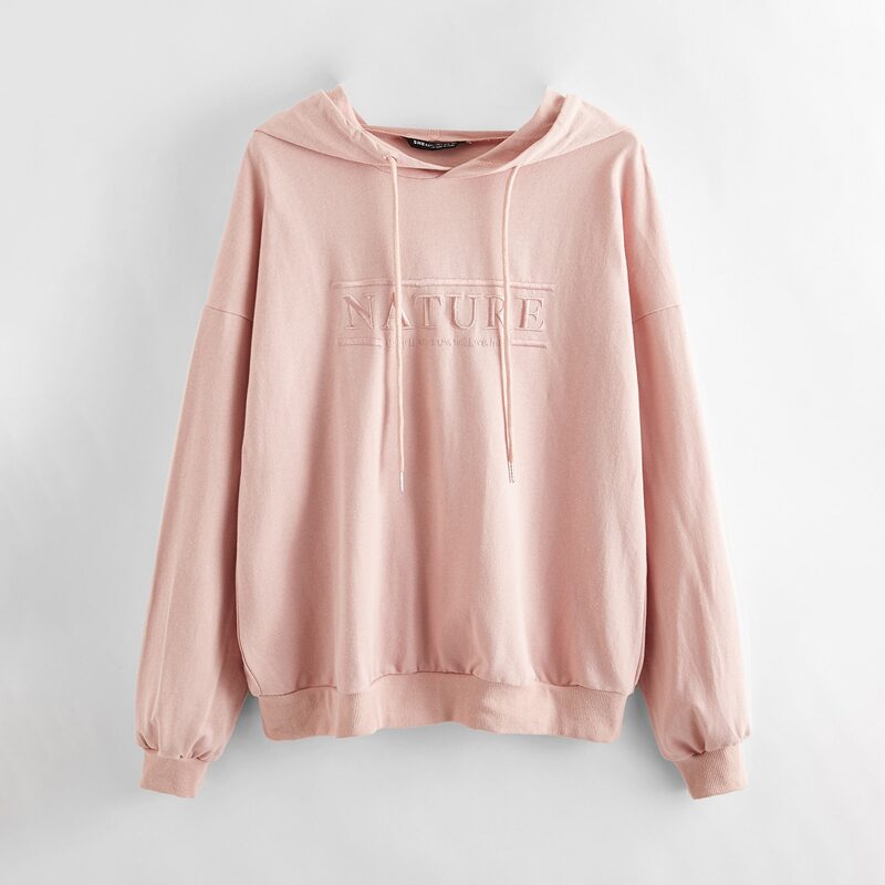 

Drop Shoulder Letter Embroidery Drawstring Hoodie, Pastel dusty pink