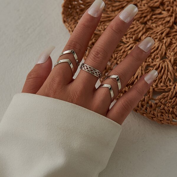 

3pcs Geometric Design Ring, Silver
