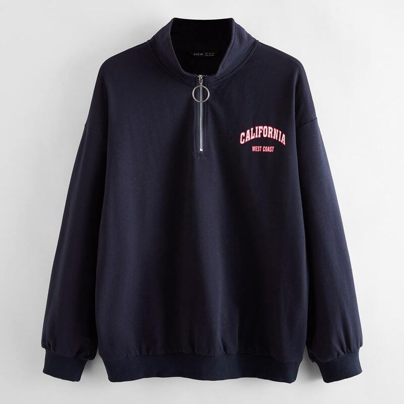 

O-ring Zipper Half Placket Letter Graphic Sweatshirt, Navy blue
