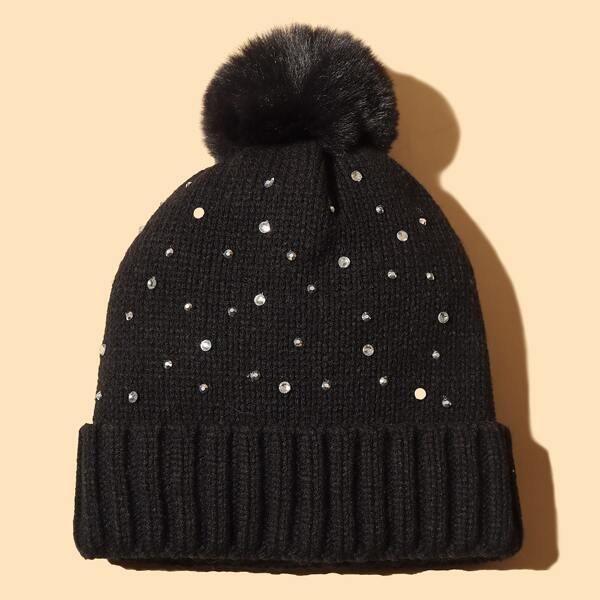 

Rhinestone Decor Beanie, Black
