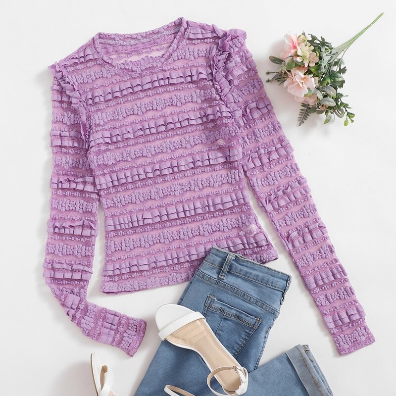 

Solid Frill Trim Lace Top, Lilac purple