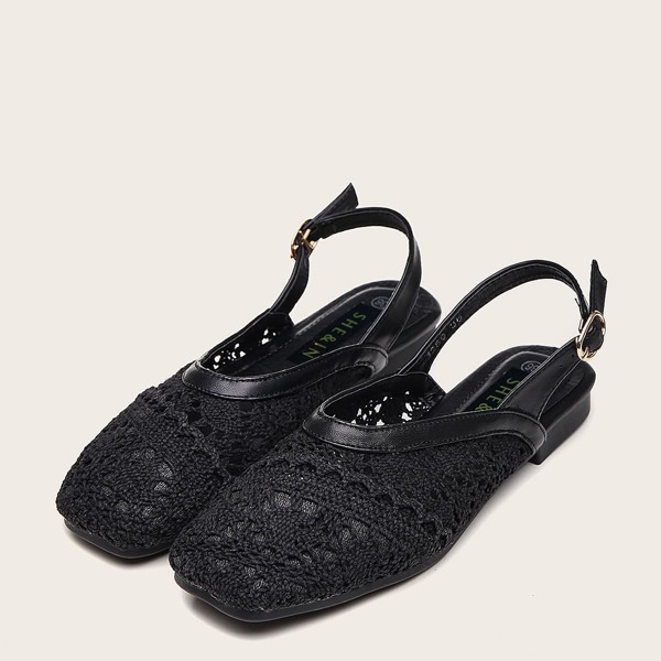 

Crochet Lace Slingback Flats, Black
