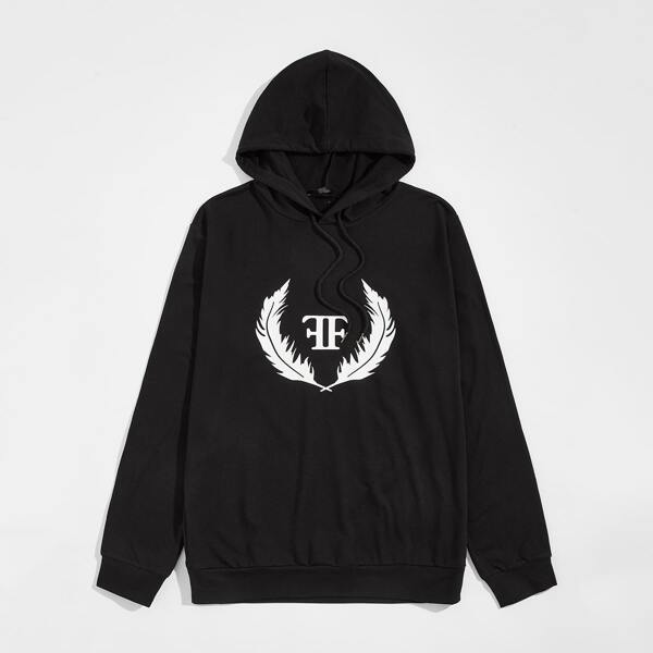 

Men Letter and Feather Print Hoodie, Black