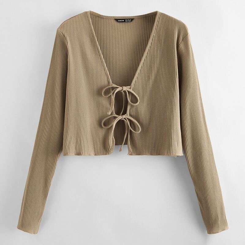 

Lettuce Trim Tie Front Women Top, Mocha brown