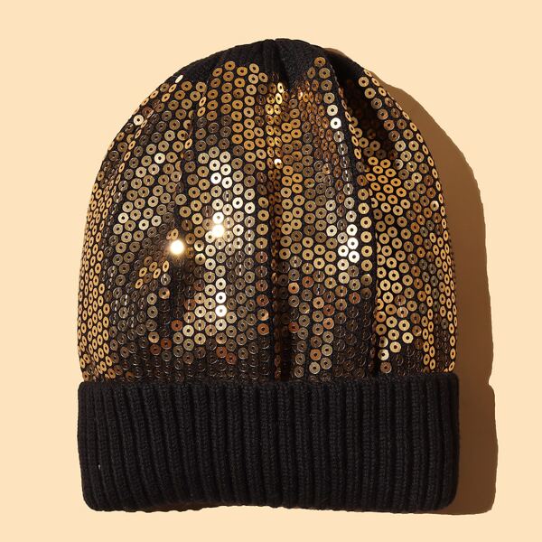 

Sequin Decor Cuffed Beanie, Black