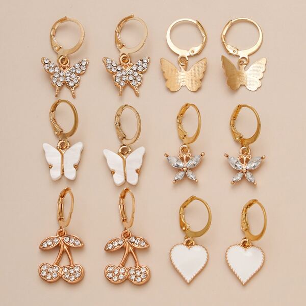 

Butterfly & Heart Charm Earrings Set - 6 Pairs, Gold
