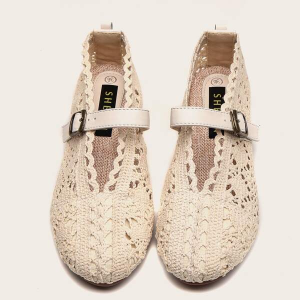 

Round Toe Crochet Lace Flats, Beige