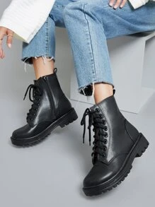 SHUZIA Faux Leather Laced Combat Boots - Black - View 3