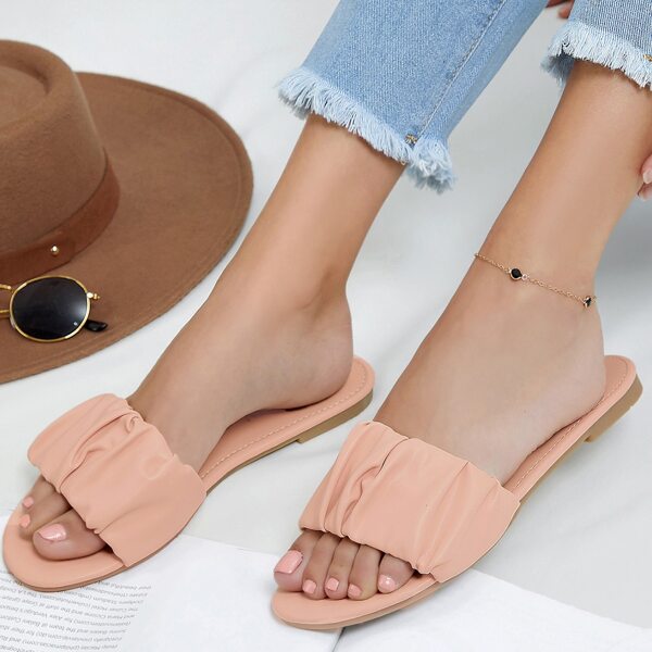 

Ruched Faux Leather Slide Sandals, Coral pink
