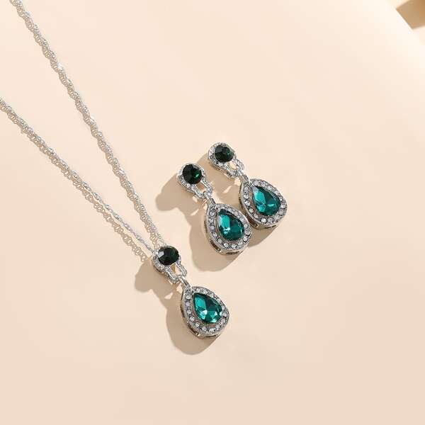 

3pcs Rhinestone Decor Jewelry Set, Green
