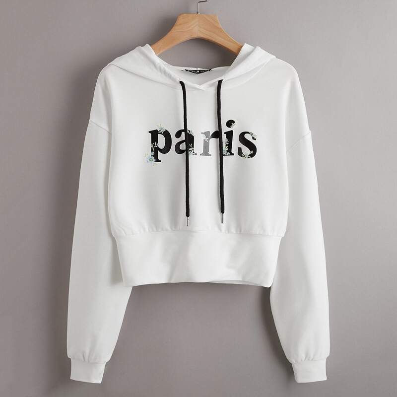 

Letter & Floral Graphic Drawstring Crop Hoodie, White