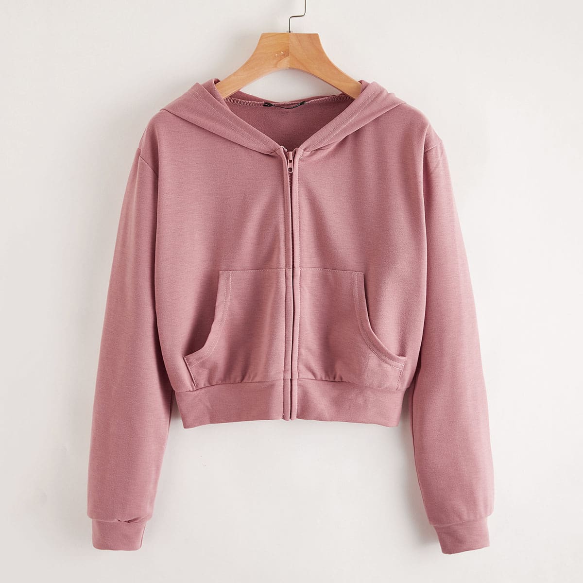 

Zip Up Pocket Front Crop Hoodie, Dusty pink