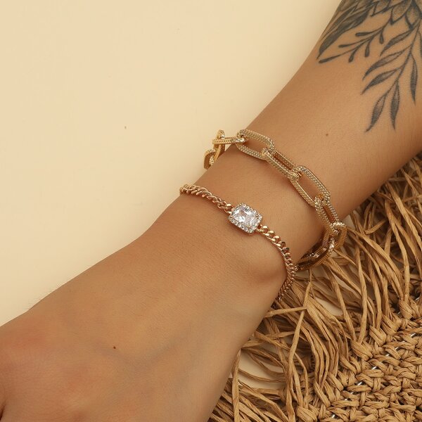 

2pcs Rhinestone Decor Bracelet, Gold