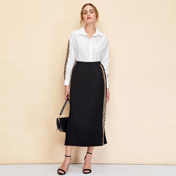 

Contrast Leopard Side Seam Blouse & Skirt Set, Black and white