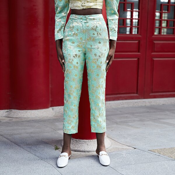 

Floral Embroidery Tapered Pants, Mint green