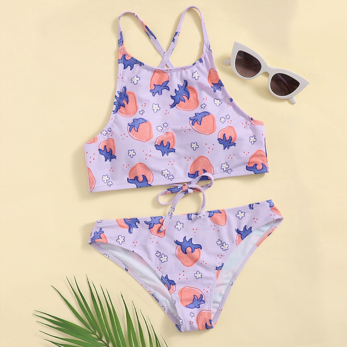 

Strawberry Print Crisscross Back Bikini Swimsuit, Lilac purple