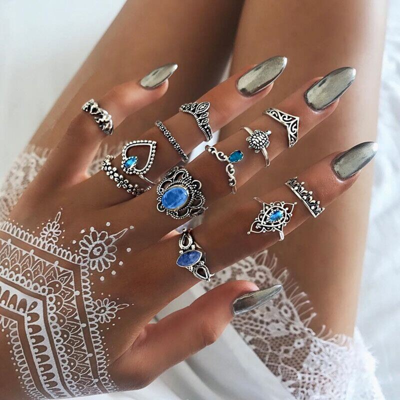 

12pcs Tortoise & Elephant Design Rings, Antique silver