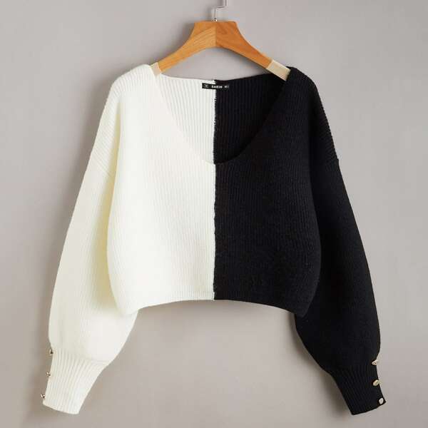 

Button Detail Two Tone Sweater, Black and white