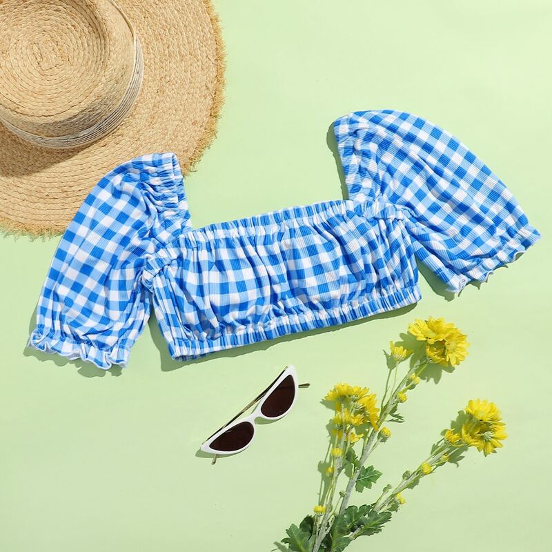 

Gingham Square Neck Bikini Top, Blue and white
