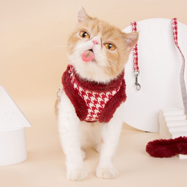 

1pc Adjustable Houndstooth Cat Harness & 1pc Cat Leash, Red