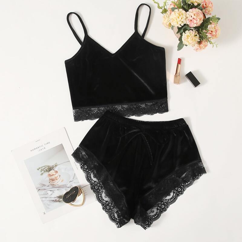 

Lace Trim Velvet PJ Set, Black