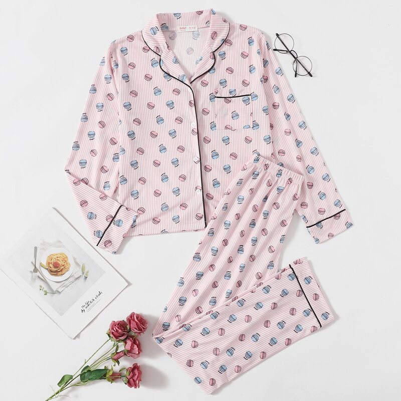 

Stripe & Macaron Print Lapel Neck PJ Set, Baby pink
