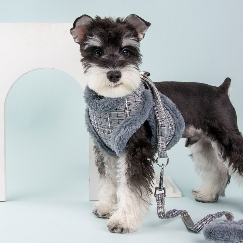 

1pc Adjustable Plaid Plush Dog Harness & 1pc Dog Leash, Grey