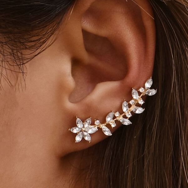 

Rhinestone Floral Leaf Charm Ear Crawler - 2pcs, Gold