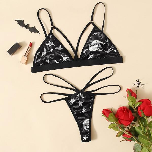

Star & Moon Print Harness Lingerie Set, Black