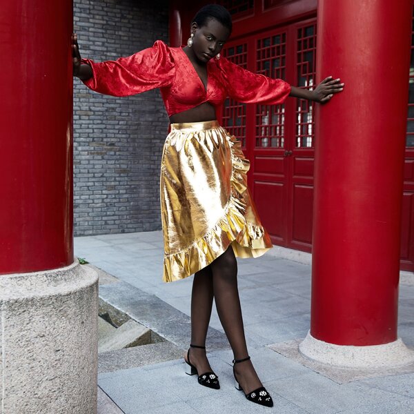 

PU Leather Ruffle Trim Wrap Skirt, Gold