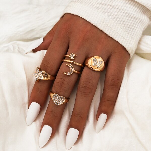 

4pcs Rhinestone Decor Ring, Gold