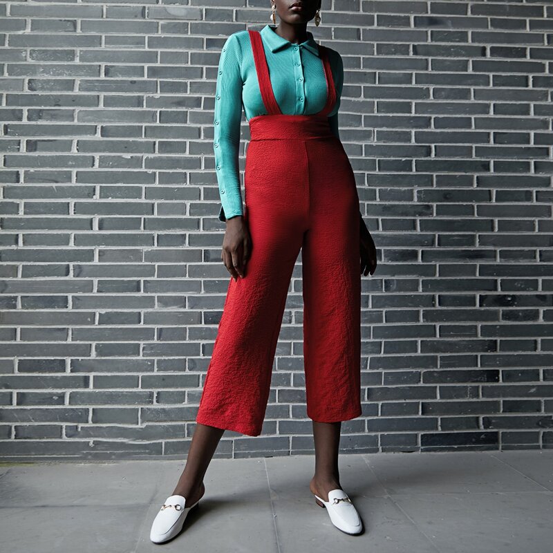

Solid High Waist Suspender Jumpsuit, Red