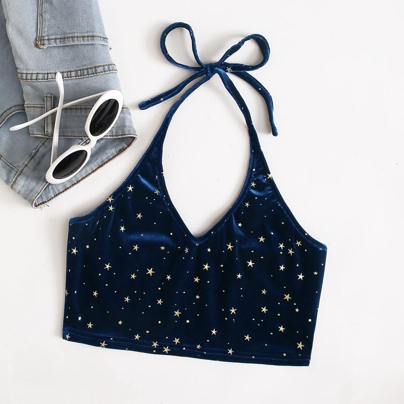 

Velvet Galaxy Print Halter Crop Cami, Navy blue