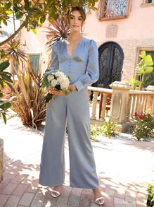 Jumpsuit palazzo de manga farol con botón delantero de satén - Neblina azul - Ver 5