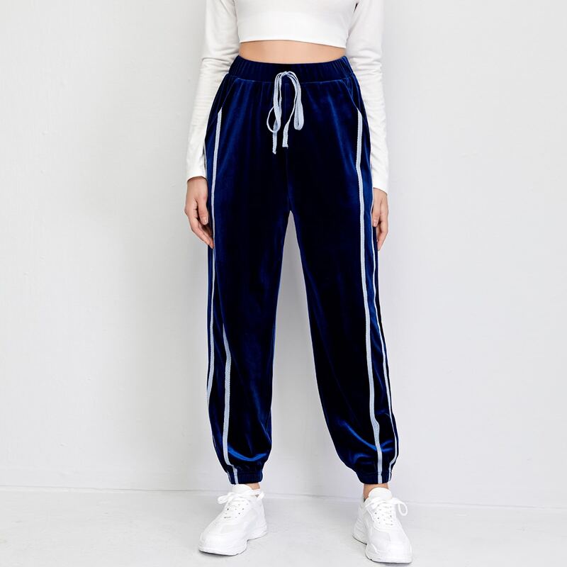 Contrast Striped Side Slant Pocket Velvet Pants, Navy blue
