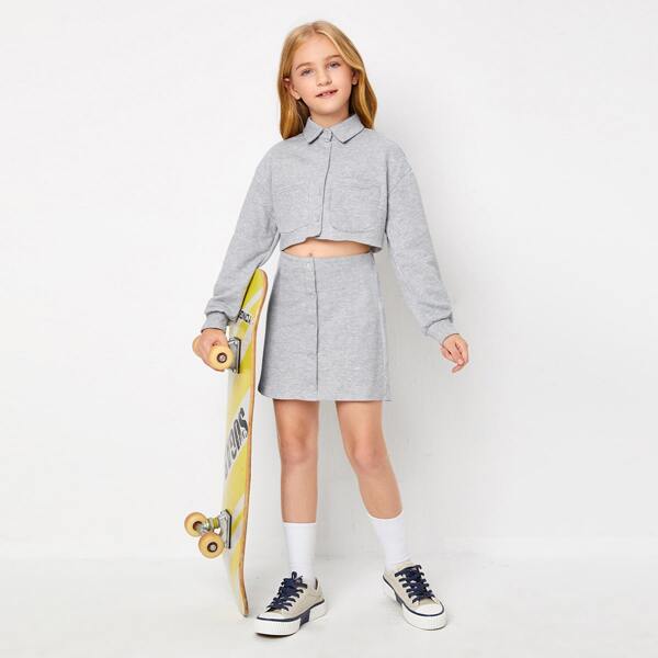 

Girls Button Front Patch Pocket Sweatshirt & Skirt Set, Light grey
