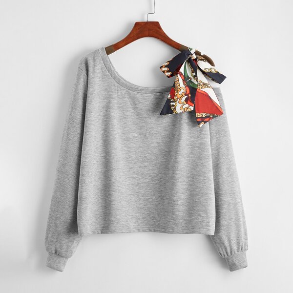 

Plus Chain Print Asymmetrical Neck Ribbon Knot Sweatshirt, Light grey